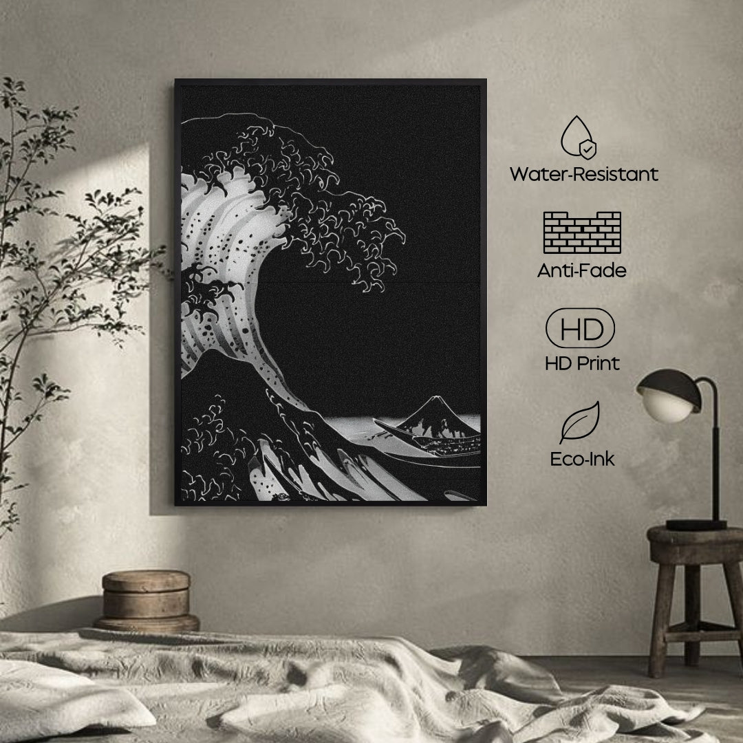Canvas print of a wave design with water-resistant, anti-fade, HD print, and eco-ink features on a wall.