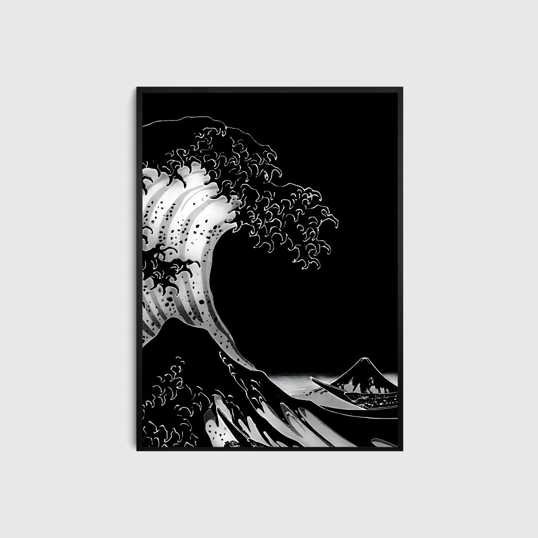 Framed artwork of a stylized wave with mountains on a black background