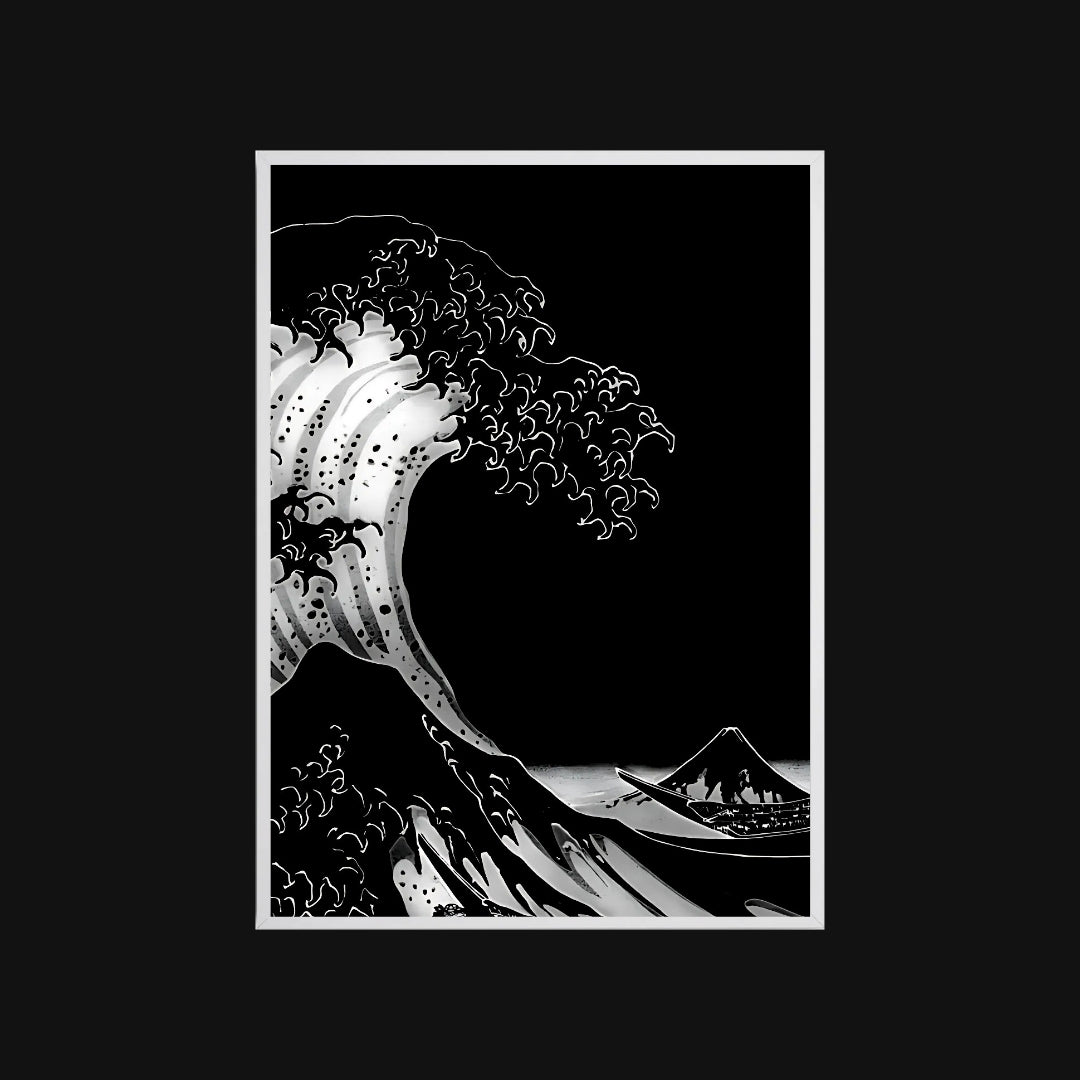 Black and white illustration of a wave with Mount Fuji in the background, framed on a black background.