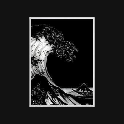 Black and white illustration of a wave with Mount Fuji in the background, framed on a black background.