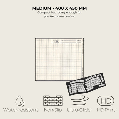 Grid mat with keyboard illustration and feature text on a light gray background