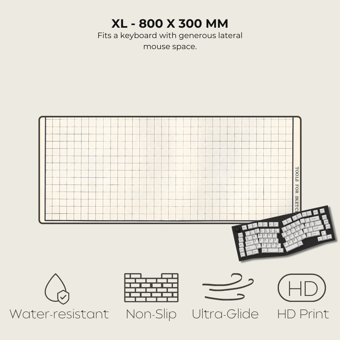 Keyboard mat with dimensions 800 x 300 mm, featuring a grid pattern and a keyboard on a light gray background.