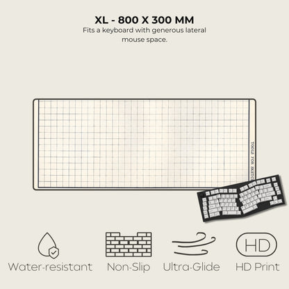 Keyboard mat with dimensions 800 x 300 mm, featuring a grid pattern and a keyboard on a light gray background.