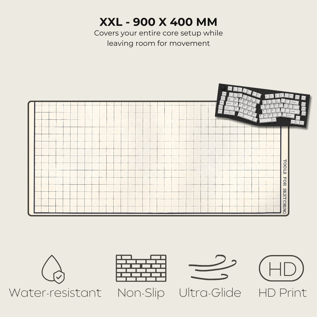 Diagram of a large mat with grid lines, keyboard on top, and text about size and features.