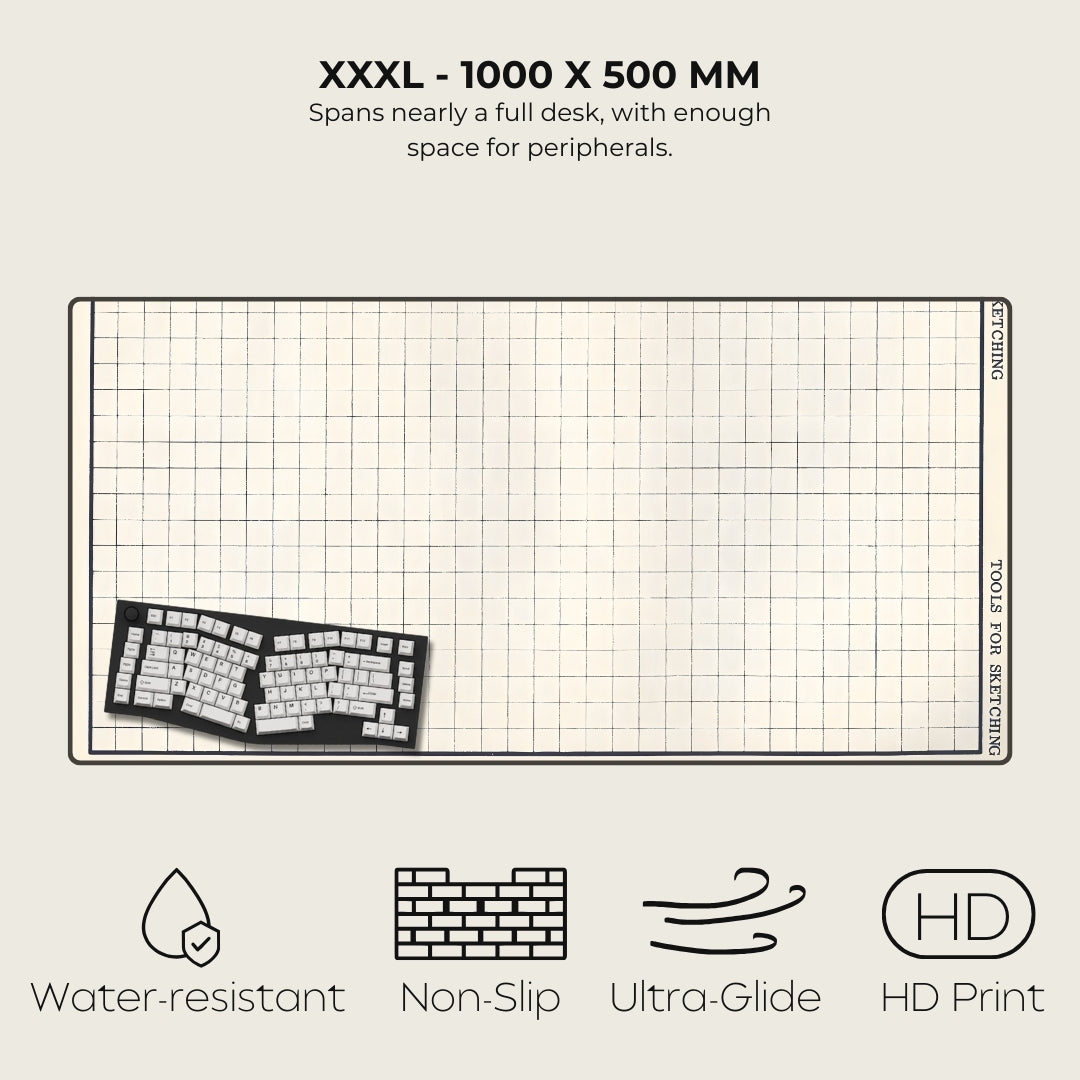 Large desk mat with grid pattern and keyboard illustration, featuring dimensions and product features.