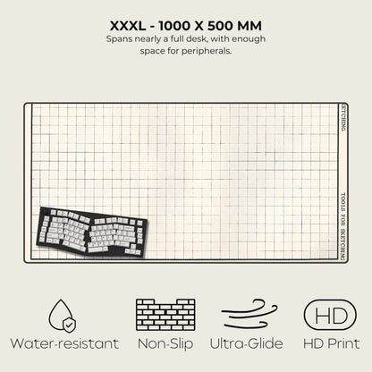 Large desk mat with grid pattern and keyboard illustration, featuring dimensions and product features.