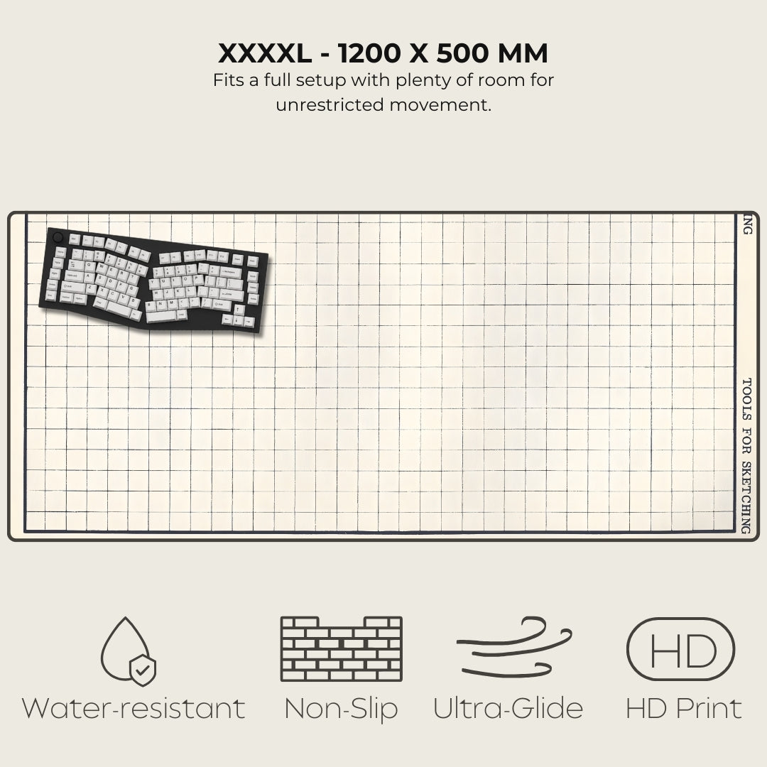 Large gaming mouse pad with grid lines and keyboard layout, featuring text and icons indicating product features.