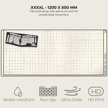 Large gaming mouse pad with grid lines and keyboard layout, featuring text and icons indicating product features.