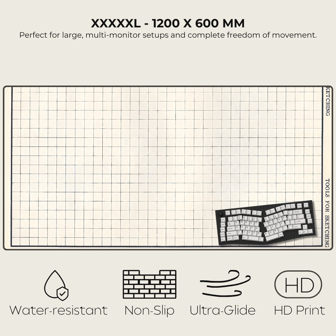 Large desk mat with grid pattern and product illustration, featuring text and icons on a white background.