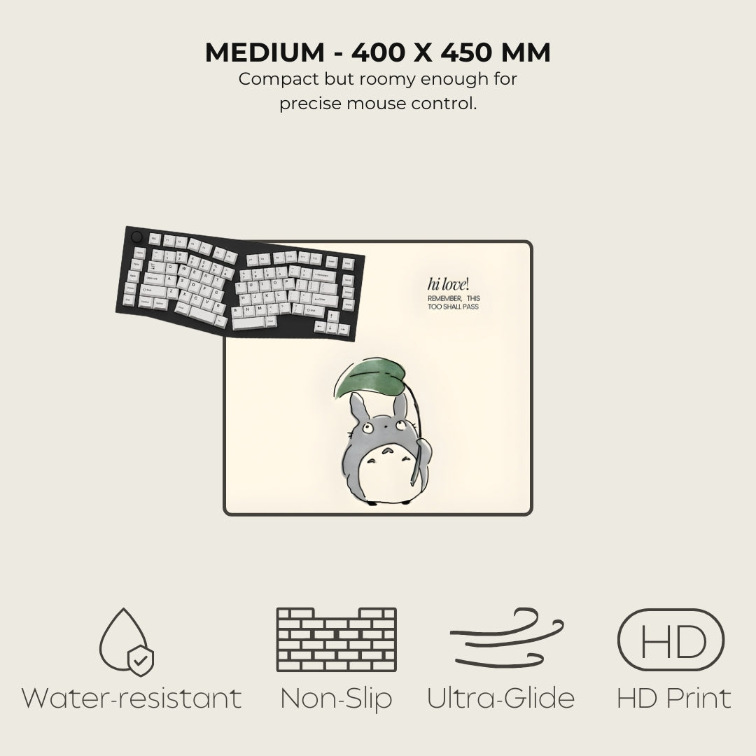 Mouse pad with Totoro design and product specifications on a light gray background