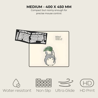 Mouse pad with Totoro design and product specifications on a light gray background