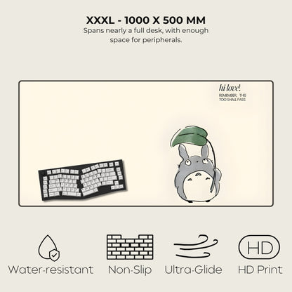 Large desk mat with a cartoon character and text, featuring dimensions and product features.