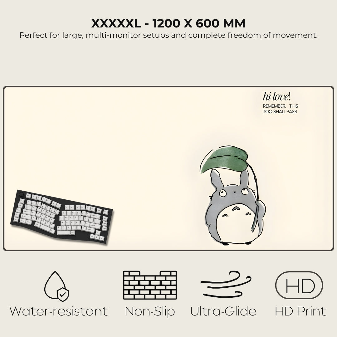 Large mouse pad with cartoon character, keyboard, and product features on a light background