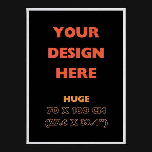 Placeholder design with text 'Your Design Here' and dimensions on a black background