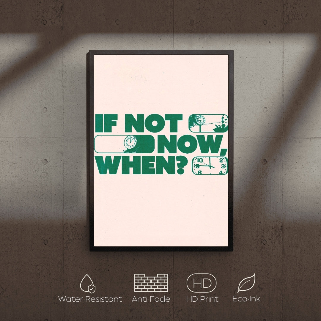 Framed poster with motivational quote 'If not now, when?' on a textured wall.