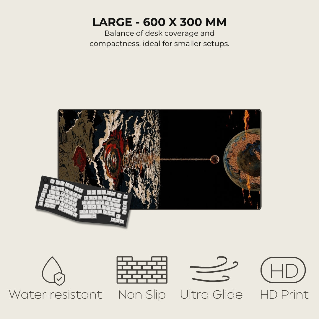 Mousepad with space-themed design on a light gray background, featuring text and icons about product specifications.