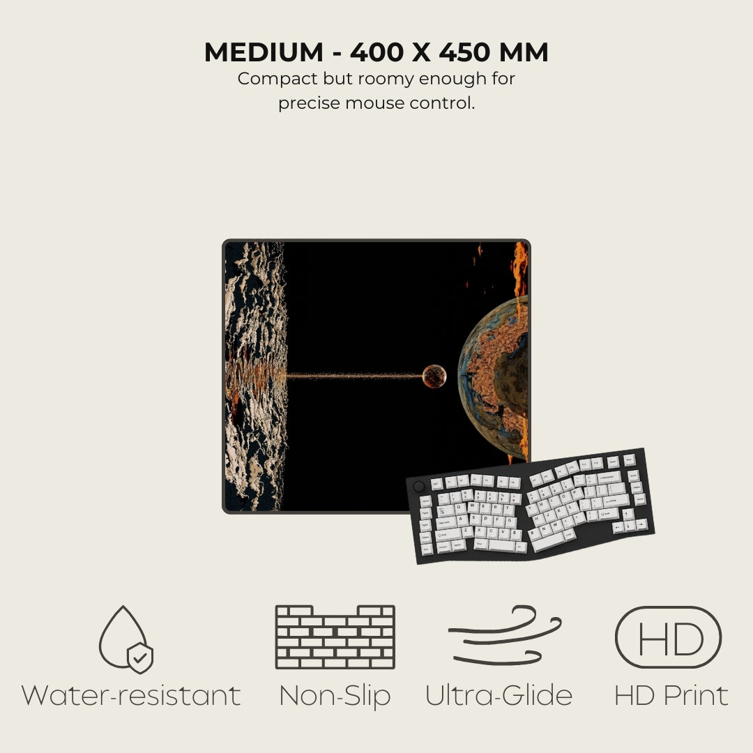 Mouse pad with design and keyboard illustration, featuring product dimensions and features on a light gray background.