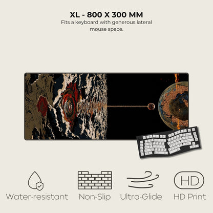 Large mouse pad with artistic design, keyboard, and text on a light gray background