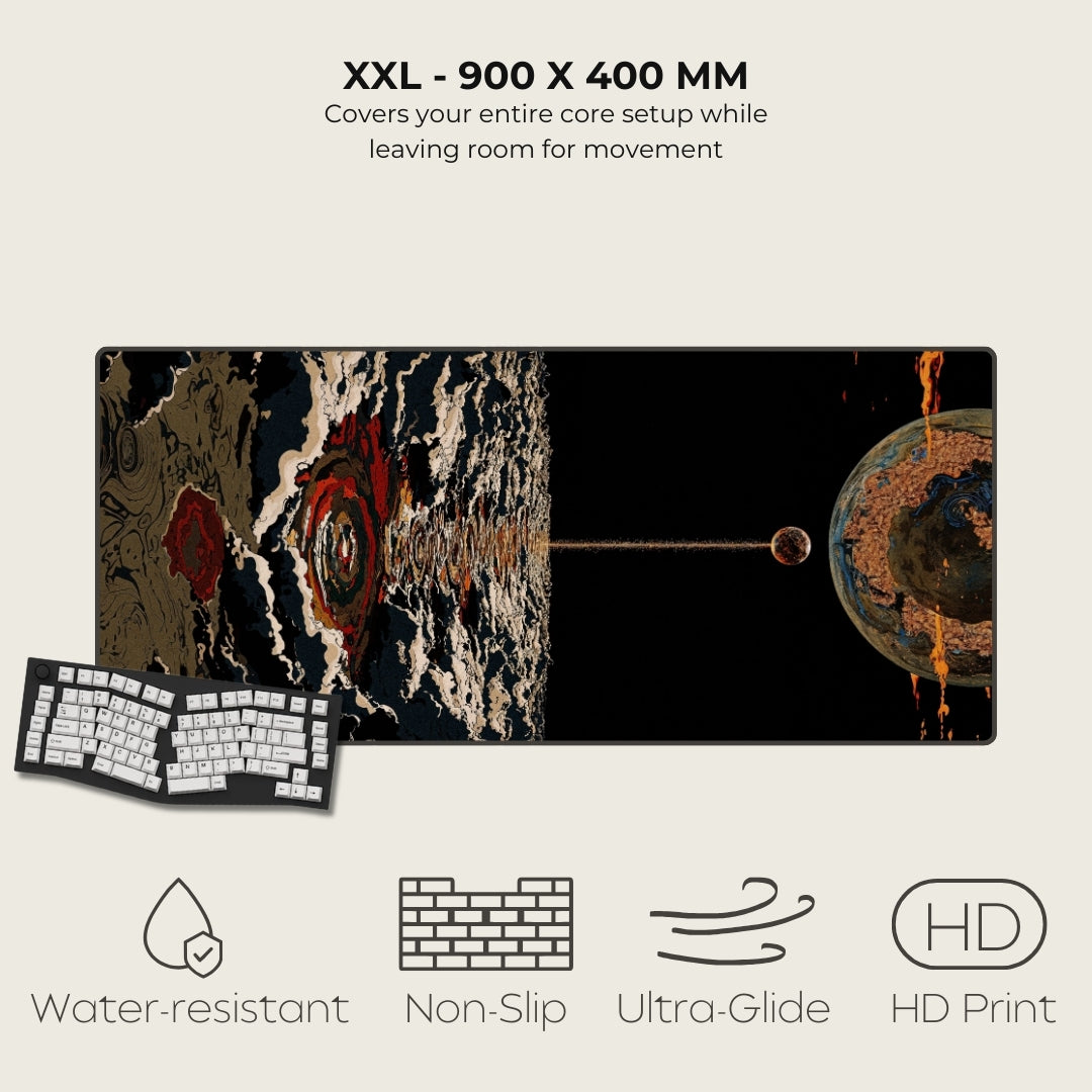 Large mouse pad with artistic design, keyboard, and product features on a light gray background