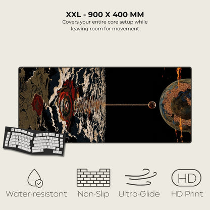 Large mouse pad with artistic design, keyboard, and product features on a light gray background