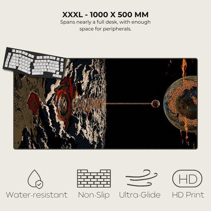 Large desk mat with space-themed design, keyboard on top, and product features listed.