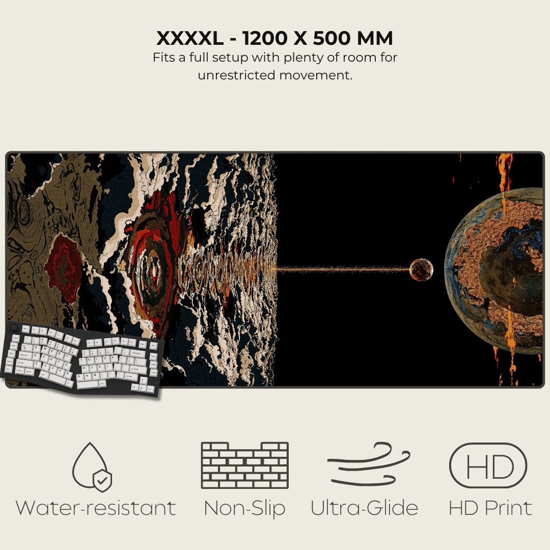 Large mouse pad with artistic design, keyboard, and product features on a white background