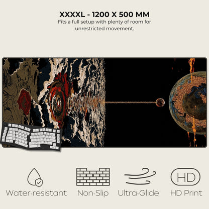 Large mouse pad with artistic design, keyboard, and product features on a white background