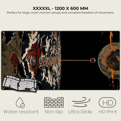 Large mouse pad with space-themed design, keyboard on the left, text and icons at the bottom.