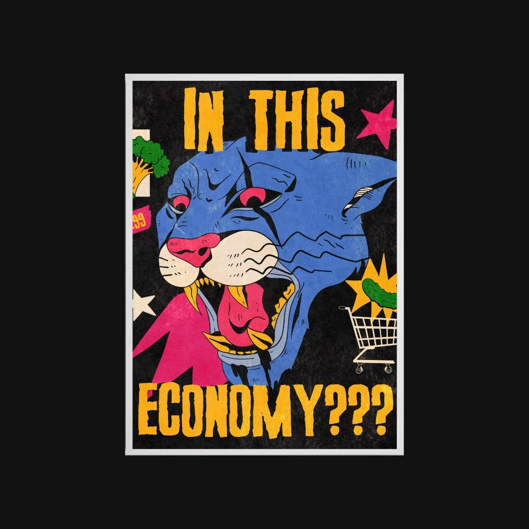 Colorful graphic with a blue cat-like creature and text 'IN THIS ECONOMY???' on a black background
