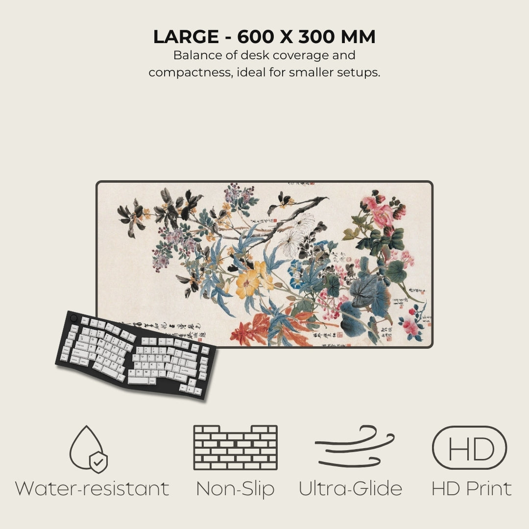 Floral design desk mat with keyboard on a light background, featuring text and icons about product features.