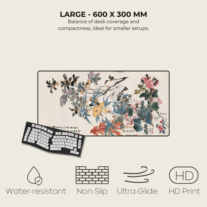 Floral design desk mat with keyboard on a light background, featuring text and icons about product features.