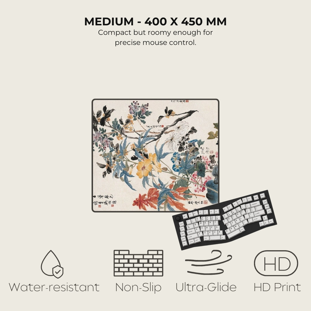 Floral mouse pad with a keyboard on a light beige background, featuring text and icons about product features.