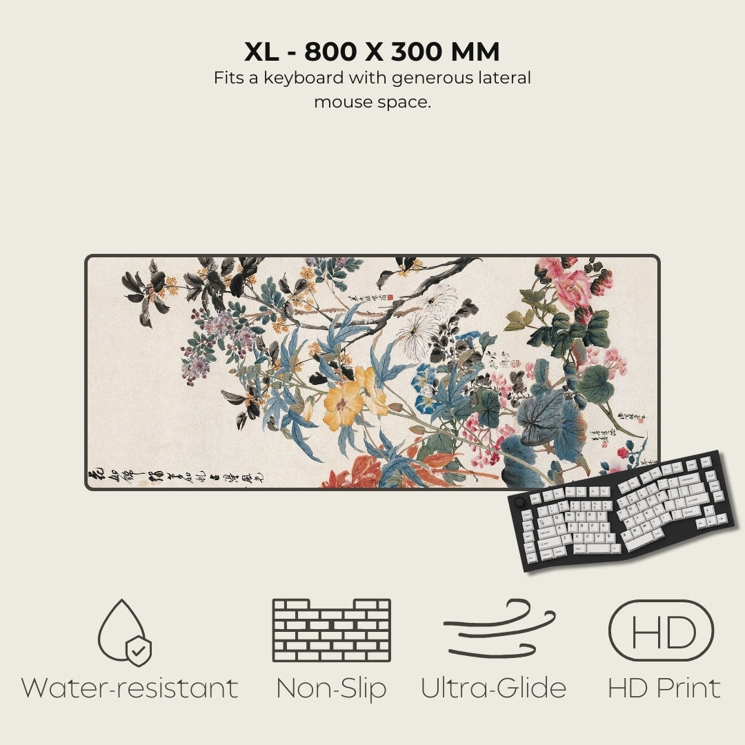 Floral mouse pad with keyboard on a light beige background