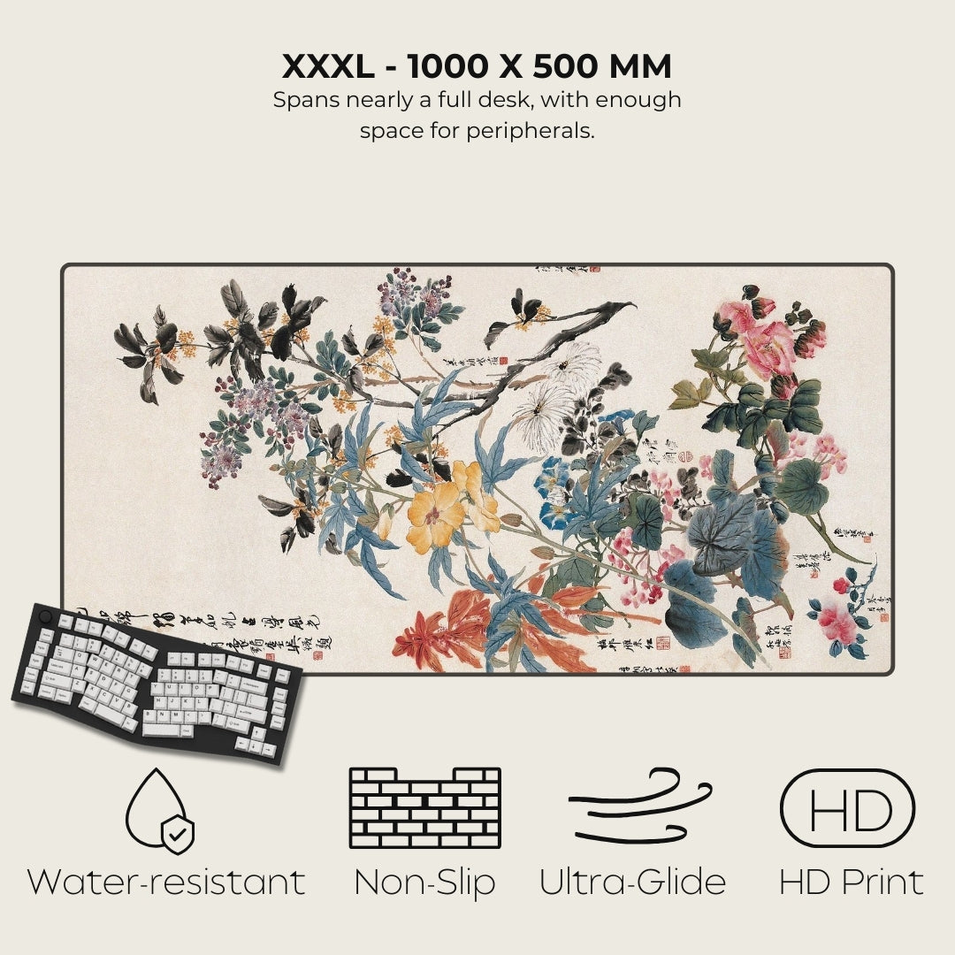 Large floral and bird design mouse pad with product features listed.