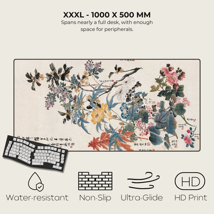 Large floral and bird design mouse pad with product features listed.