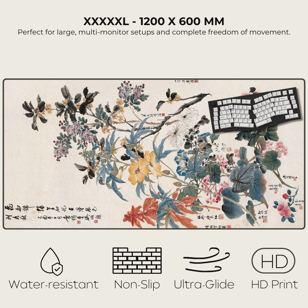 Large mouse pad with floral design and keyboard, featuring text on product dimensions and features.