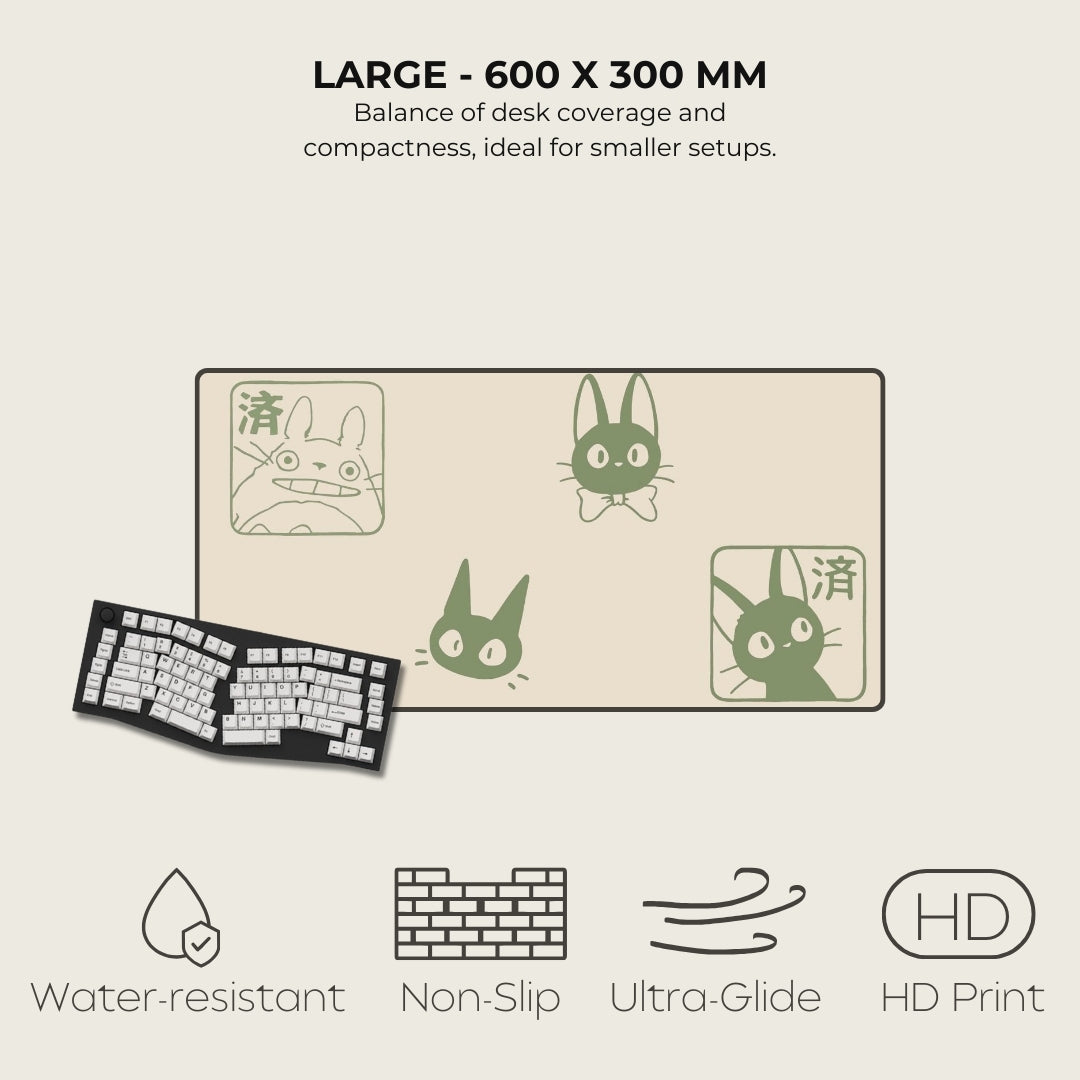 Desk mat with cartoon cat designs and product features on a beige background