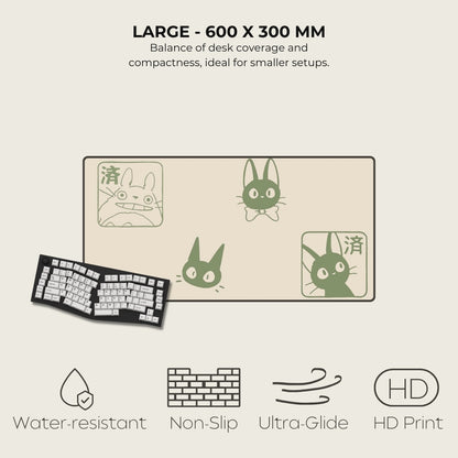 Desk mat with cartoon cat designs and product features on a beige background