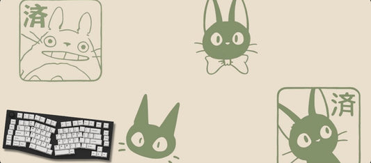 Desk mat with cartoon character design and keyboard on a beige background