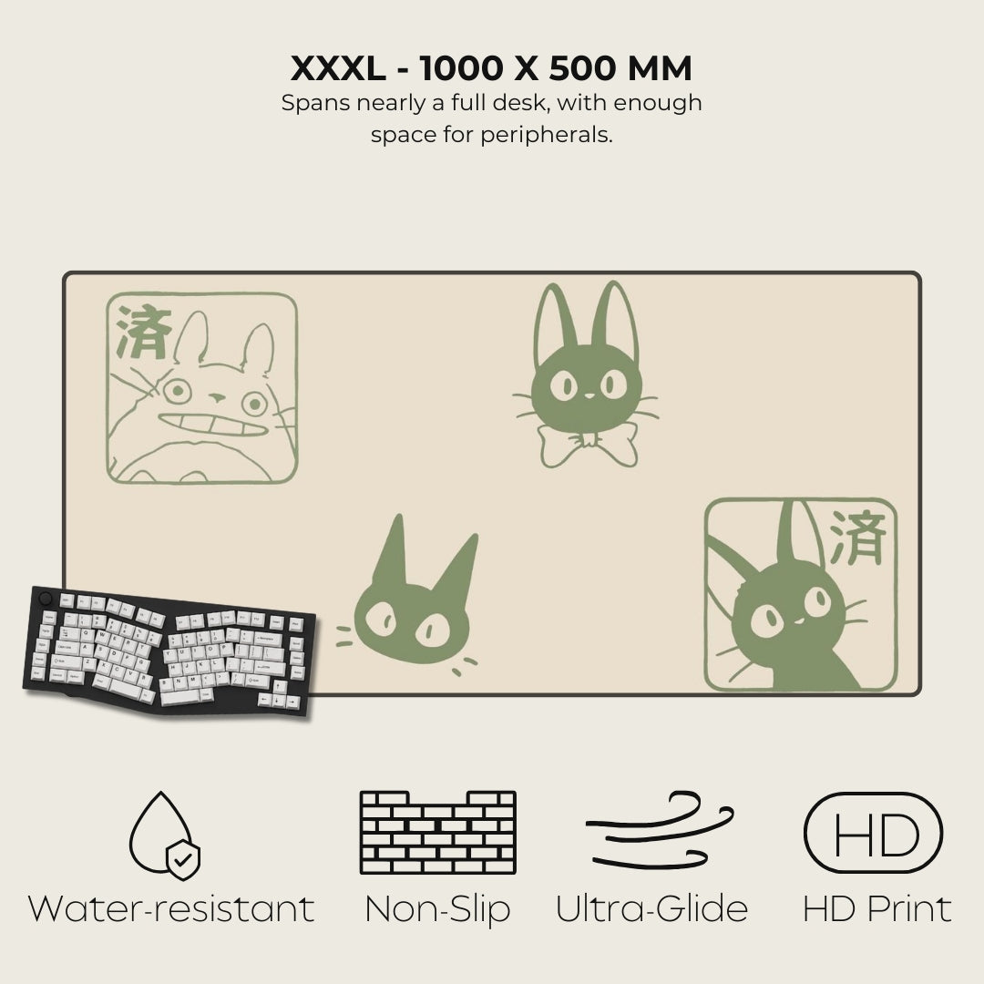 Large desk mat with cartoon cat designs and product features listed.