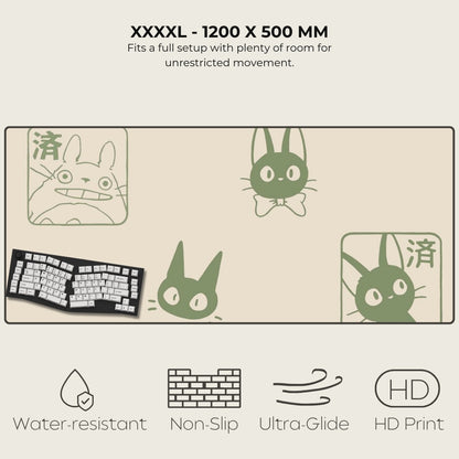 Large desk mat with cartoon character design, keyboard on a beige background, text about size and features.