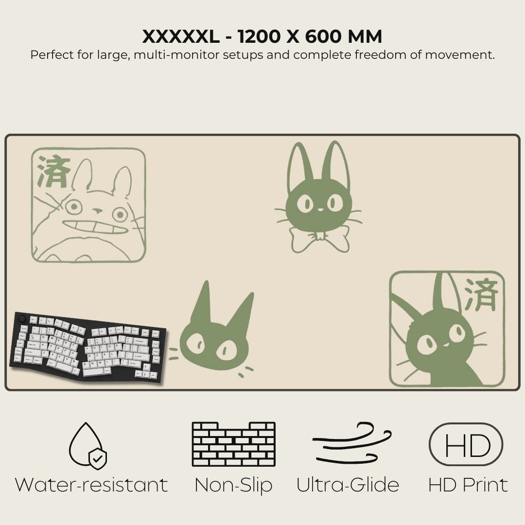 Large desk mat with cartoon rabbit design and product features listed.