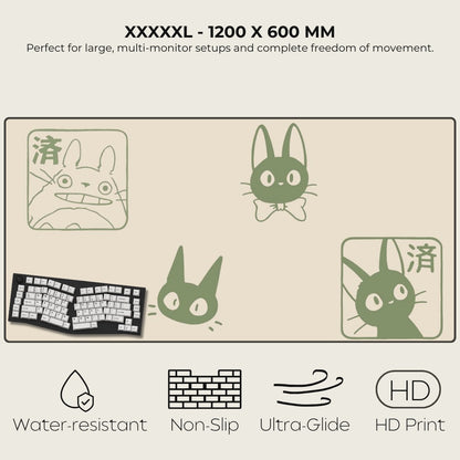 Large desk mat with cartoon rabbit design and product features listed.