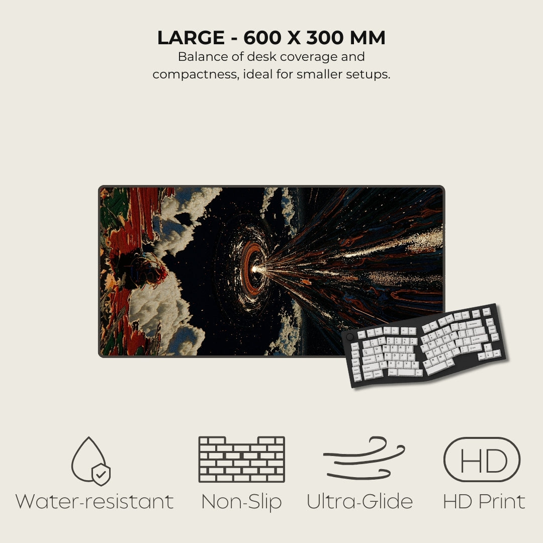 Large desk mat with space-themed design and keyboard on a light gray background