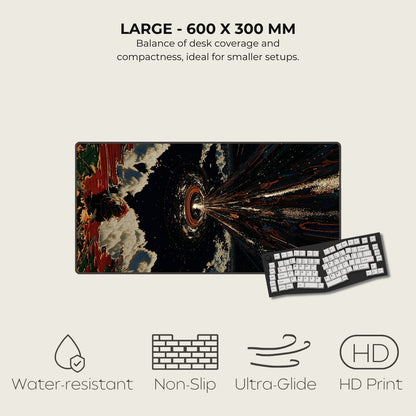 Large desk mat with space-themed design and keyboard on a light gray background