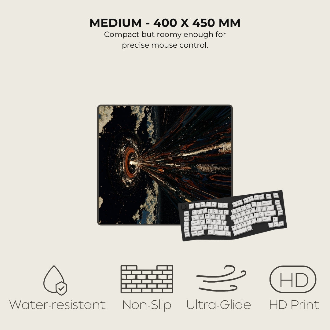 Mouse pad with gaming keyboard on a light beige background, featuring product specifications and features.