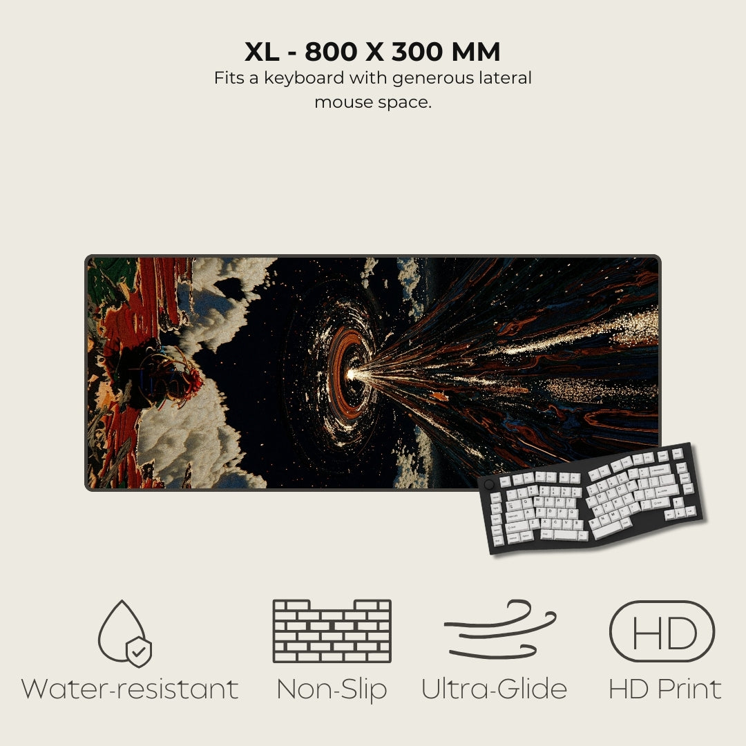 Large mouse pad with space-themed design and keyboard on a light gray background