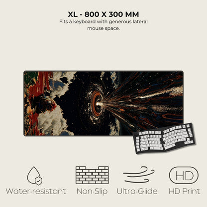 Large mouse pad with space-themed design and keyboard on a light gray background