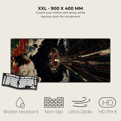 Gaming mouse pad with space-themed design and keyboard on a light gray background