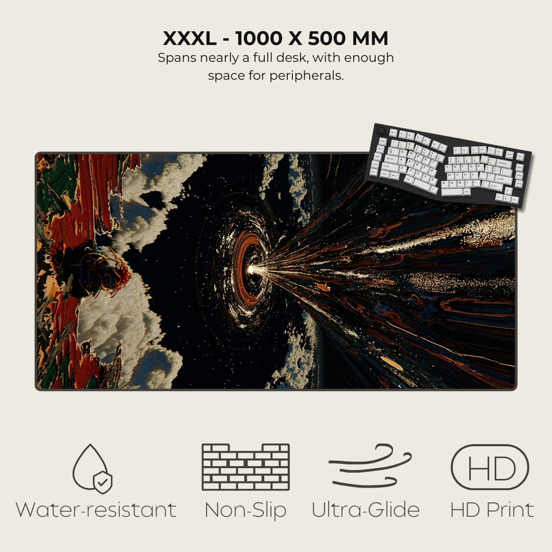 Large desk mat with space-themed design and keyboard, featuring text and icons indicating product features.